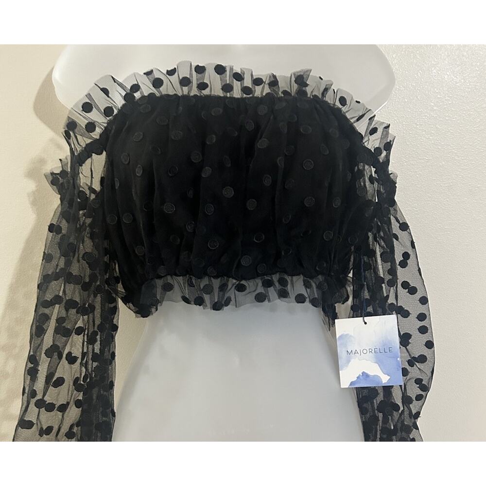 Majorelle Women’s XS Black Sheer Polka Dot Mesh Off Shoulder Crop Top NWT